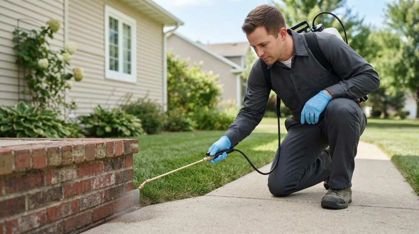 Pest control technician treating a home near North Olmsted, OH