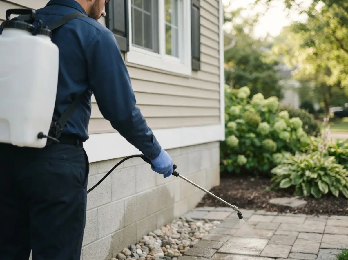 Pest control technician inspecting a home in North Olmsted, OH